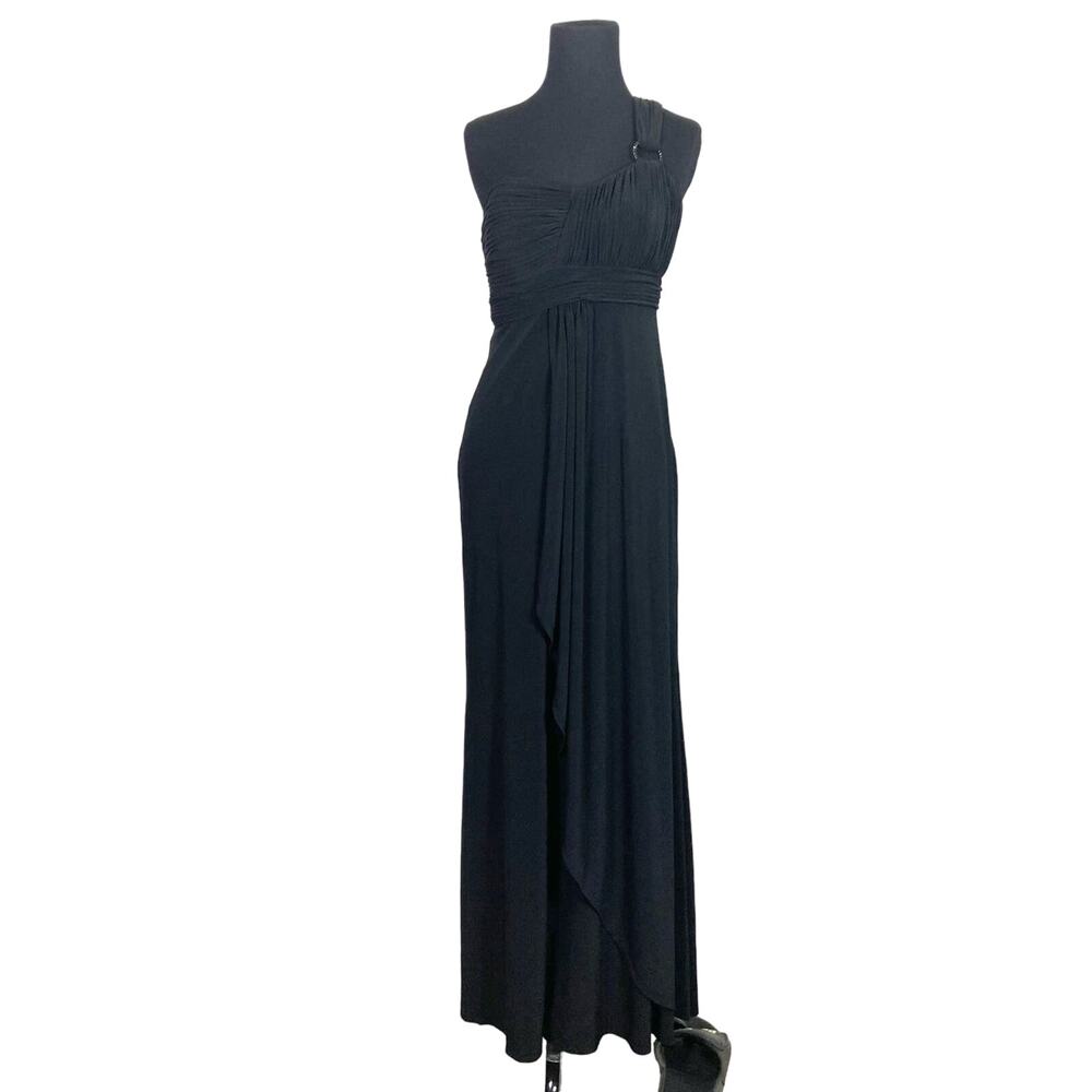 NWOT BEN DE LISI Dress UK8/US4 Black One-Shoulder Jeweled-Ring Pleated Faux-Wrap